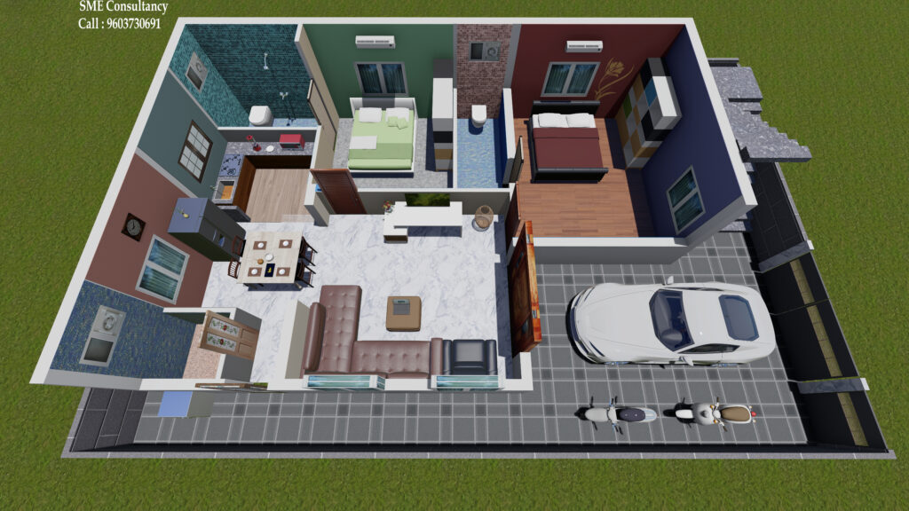 3D floor plan visualization of a furnished home