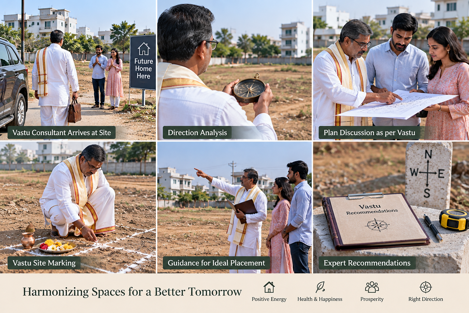 Illustrative collage showing Vastu site consultation, direction review and plan discussion