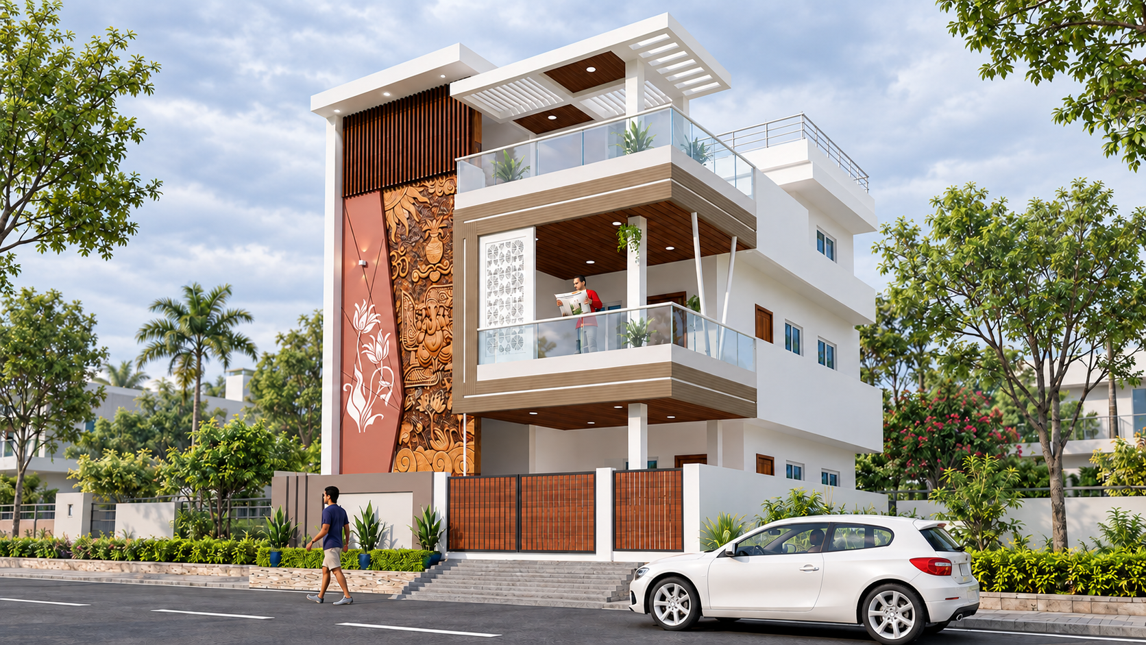 Modern three-storey house elevation with balcony and facade details