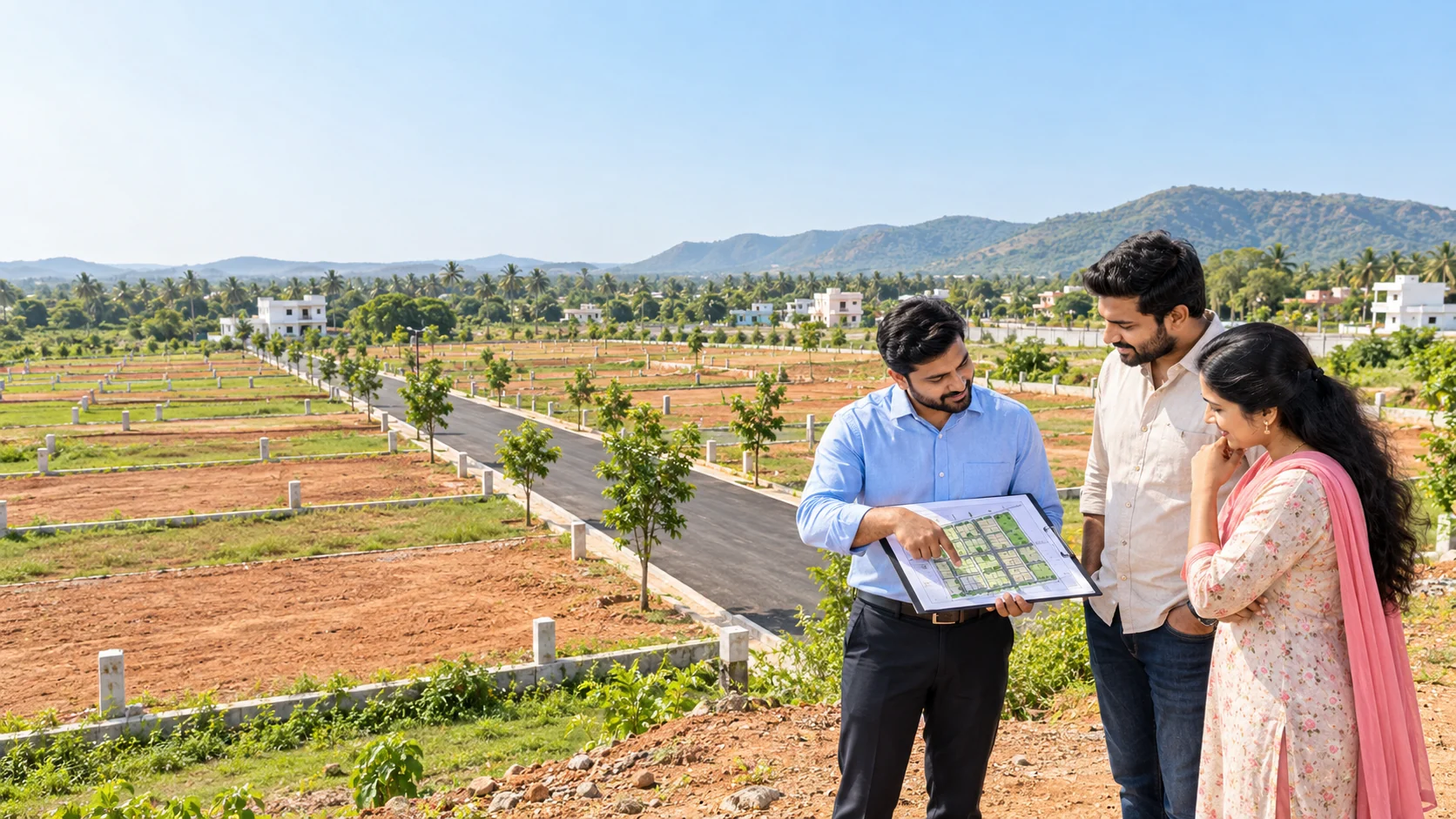 Illustration of a plot consultant discussing a residential land layout with clients