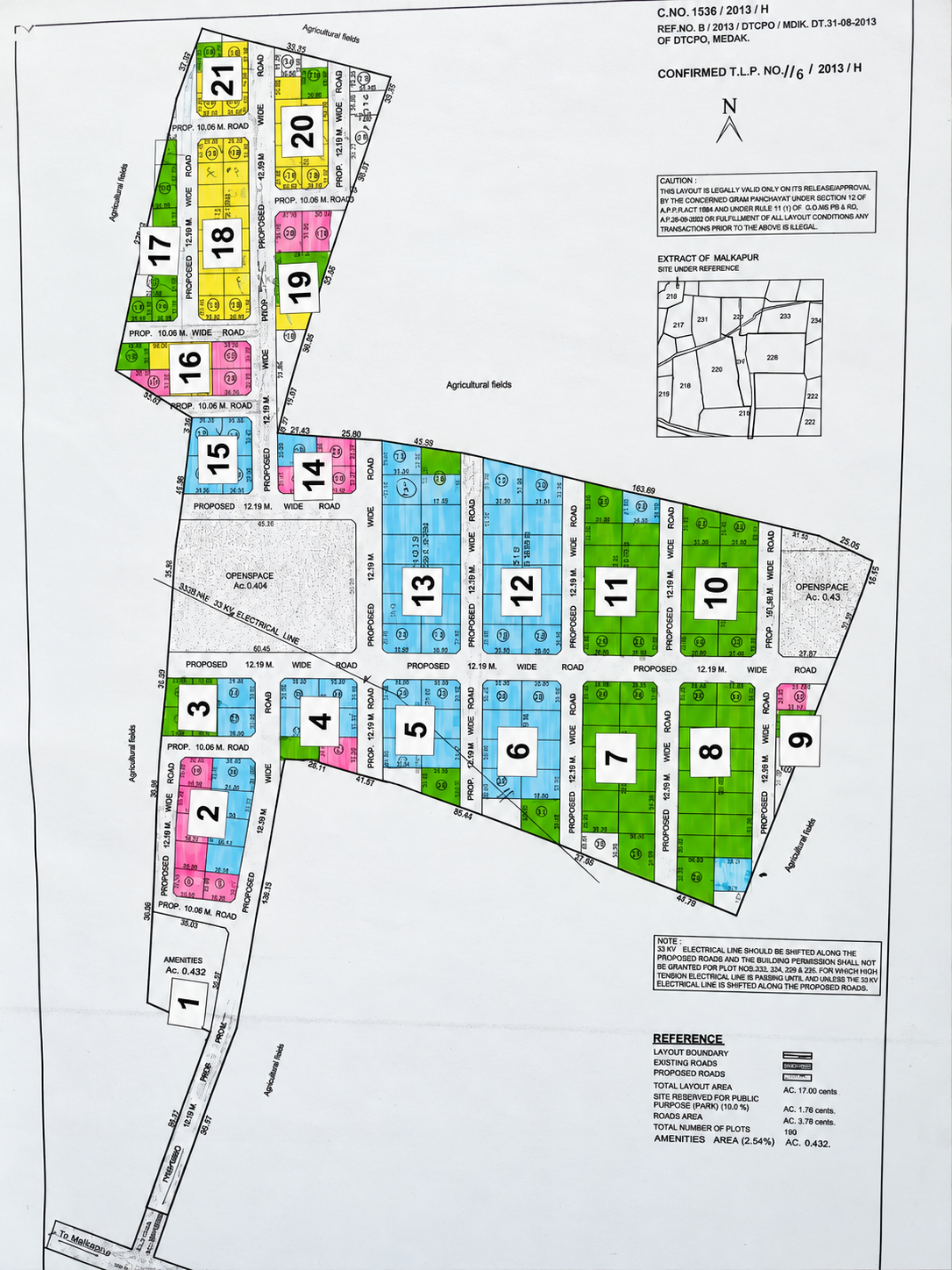 Approved 2D land layout plan with numbered plots, proposed roads and open spaces