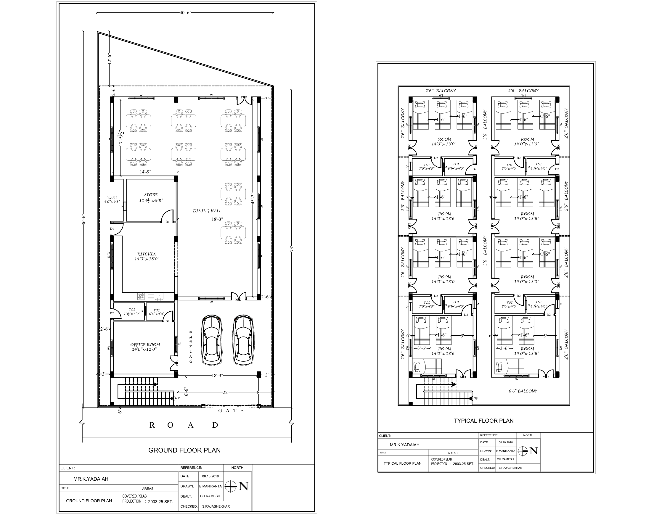 Hostel dining hall and room plan drawings