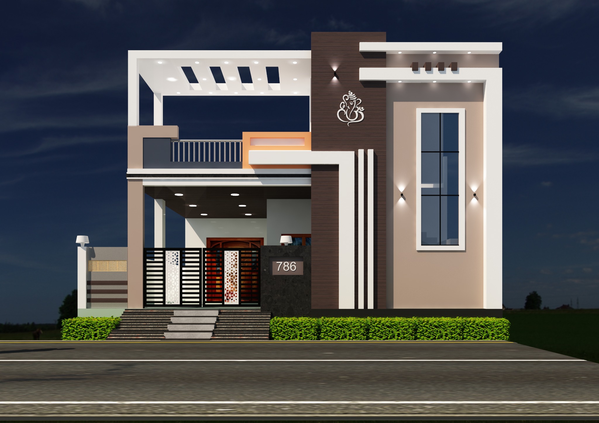 SME Consultancy G+1 house elevation with pergola, full-height window and entrance gate